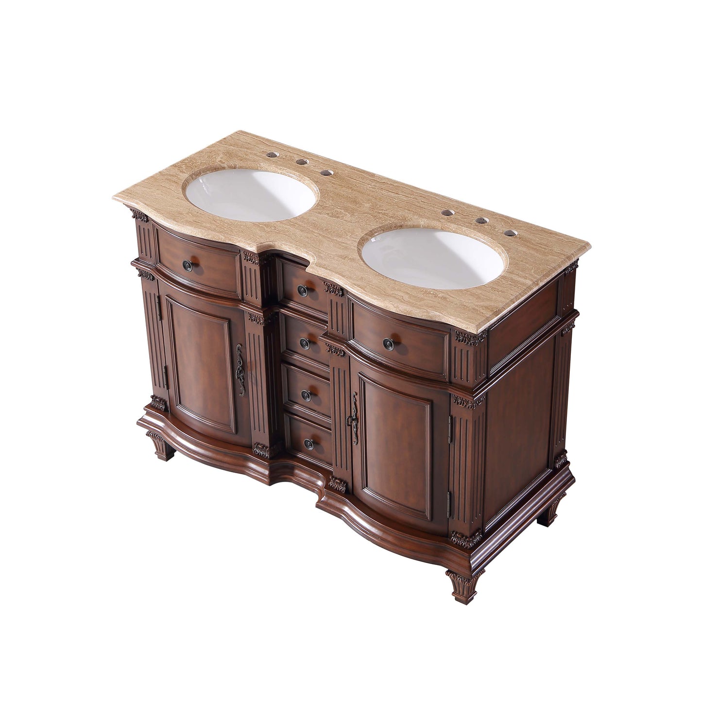 Silkroad Exclusive 48" Traditional Double Sink Vanity with Travertine Top - Brazilian Rosewood - HYP-0722-T-UWC-48