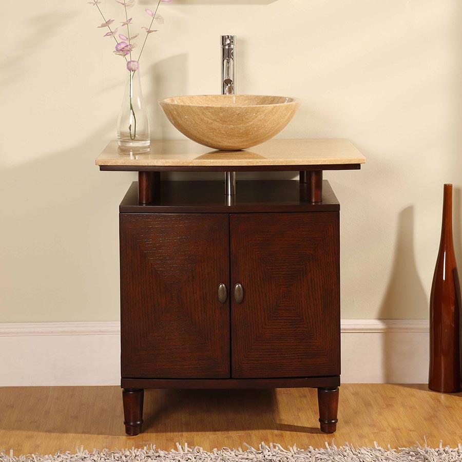 Silkroad Exclusive  29-inch Modern Vanity with Travertine Top and Dark Chestnut Finish