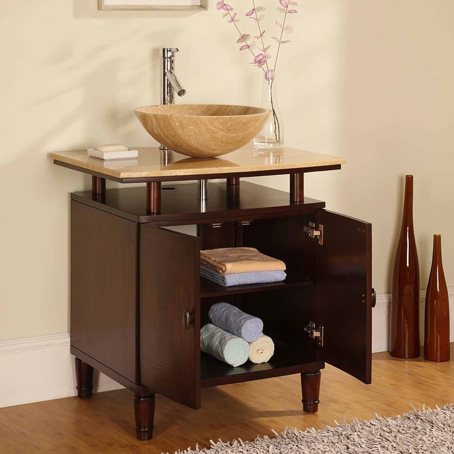 Silkroad Exclusive  29-inch Modern Vanity with Travertine Top and Dark Chestnut Finish