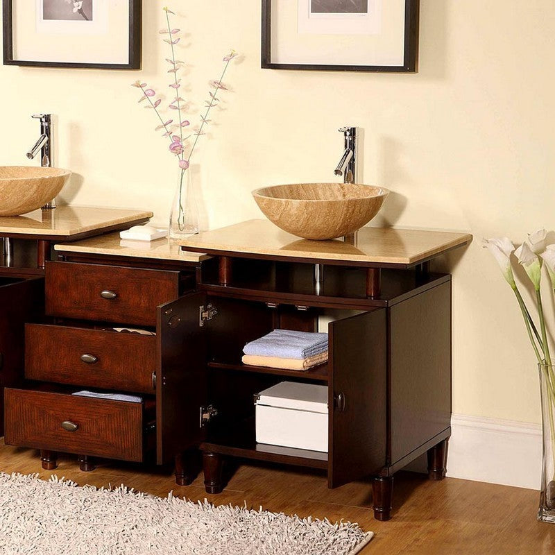 Silkroad Exclusive 46.5" Single Sink Chestnut Vanity, Round Travertine Vessel - Modern Elegance - HYP-0808N-T-47_S29B