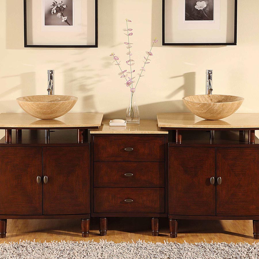 Silkroad Exclusive  73-inch Travertine Top Double Sink Bathroom Vanity - HYP-0808N-T-73