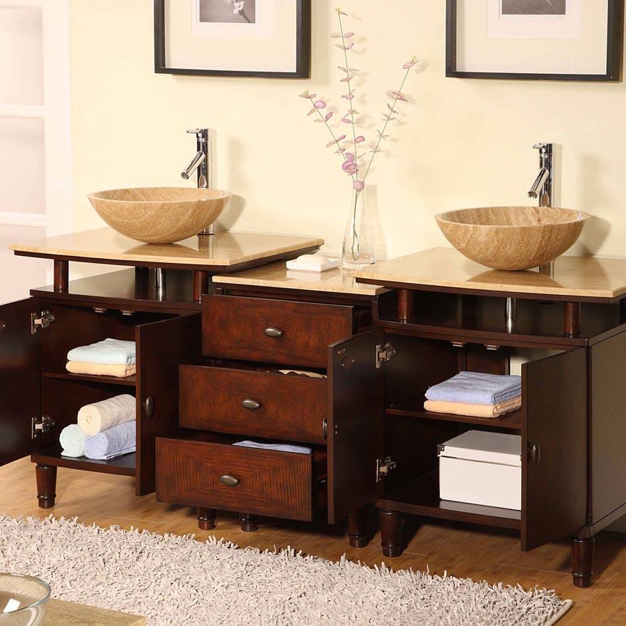 Silkroad Exclusive  73-inch Travertine Top Double Sink Bathroom Vanity - HYP-0808N-T-73