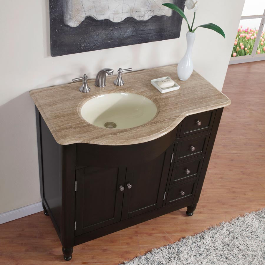 Silkroad Exclusive 38" Dark Walnut Single Sink Vanity with Travertine - HYP-0902-T-UIC-38, Left Sink