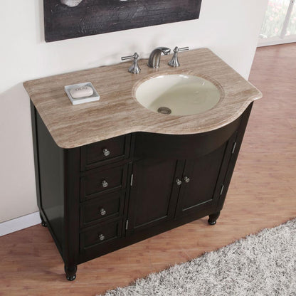 Silkroad Exclusive 38" Dark Walnut Single Sink Vanity with Travertine - HYP-0902-T-UIC-38, Right Sink