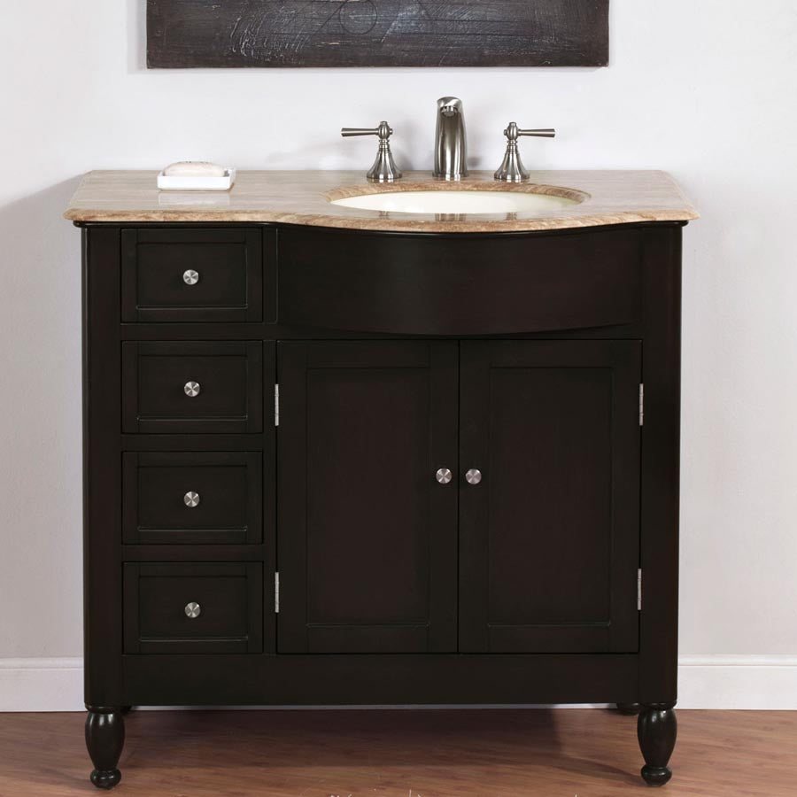 Silkroad Exclusive 38" Dark Walnut Single Sink Vanity with Travertine - HYP-0902-T-UIC-38, Right Sink