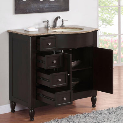 Silkroad Exclusive 38" Dark Walnut Single Sink Vanity with Travertine - HYP-0902-T-UIC-38, Right Sink, open