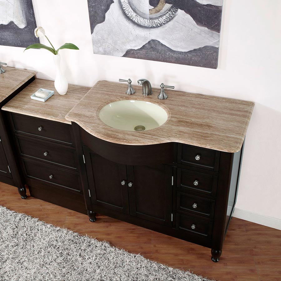 Silkroad Exclusive 58" Single Sink Vanity in Dark Walnut with Travertine Top - HYP-0902-T-UIC-58, Left Sink