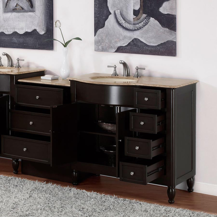 Silkroad Exclusive 58" Single Sink Vanity in Dark Walnut with Travertine Top - HYP-0902-T-UIC-58, Left Sink, open