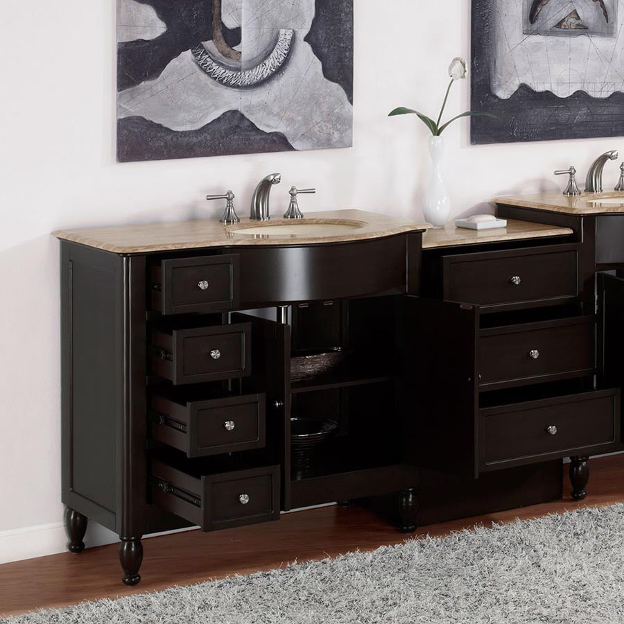 Silkroad Exclusive 58" Single Sink Vanity in Dark Walnut with Travertine Top - HYP-0902-T-UIC-58, Right Sink, open