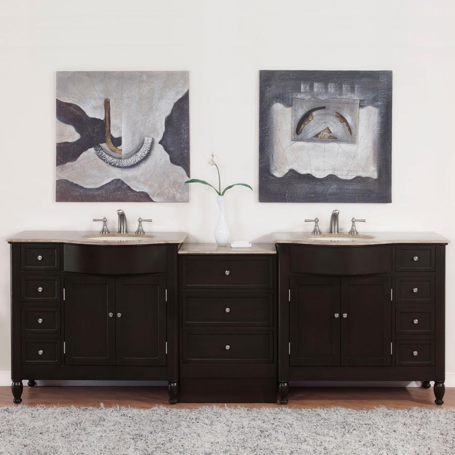 Silkroad Exclusive 95" Double Sink Dark Walnut Vanity with Travertine Top - HYP-0902-T-UIC-95