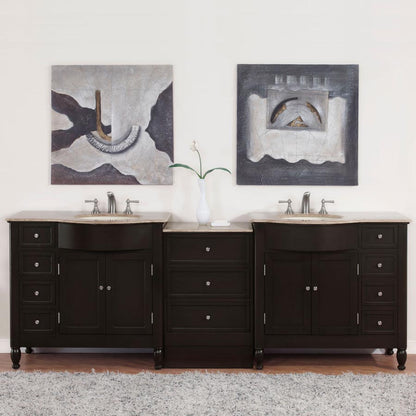 Silkroad Exclusive 95" Double Sink Dark Walnut Vanity with Travertine Top - HYP-0902-T-UIC-95