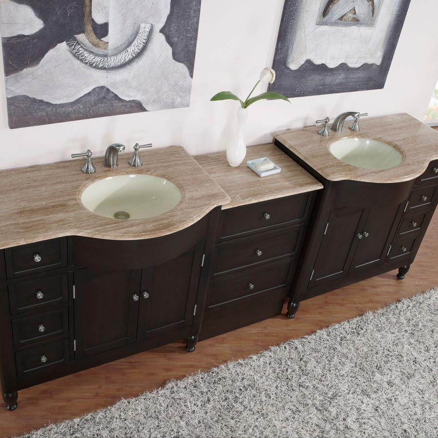 Silkroad Exclusive 95" Double Sink Dark Walnut Vanity with Travertine Top - HYP-0902-T-UIC-95