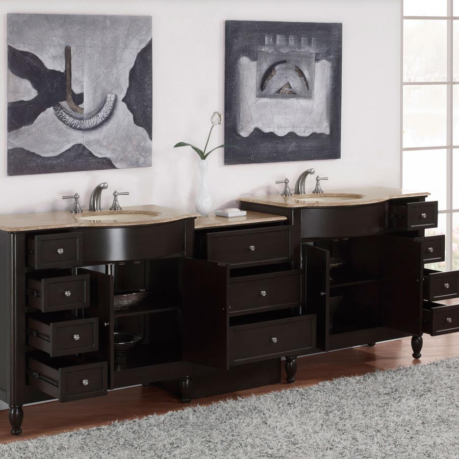 Silkroad Exclusive 95" Double Sink Dark Walnut Vanity with Travertine Top - HYP-0902-T-UIC-95, open