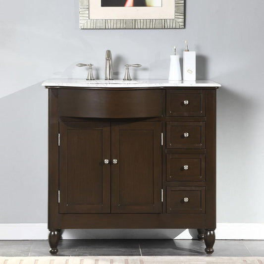 Silkroad Exclusive  38-inch Carrara White Marble Top Single Sink Bathroom Vanity - HYP-0902-WM-UWC-38, Left Sink