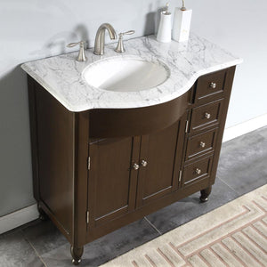Silkroad Exclusive  38-inch Carrara White Marble Top Single Sink Bathroom Vanity - HYP-0902-WM-UWC-38, Left Sink