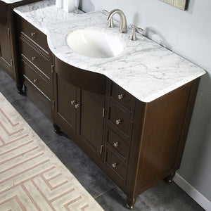 Silkroad Exclusive 58" Dark Walnut Single Sink Vanity with Carrara Marble - HYP-0902-WM-UWC-58, Left Sink