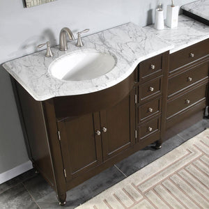 Silkroad Exclusive 58" Dark Walnut Single Sink Vanity with Carrara Marble - HYP-0902-WM-UWC-58, Left Sink