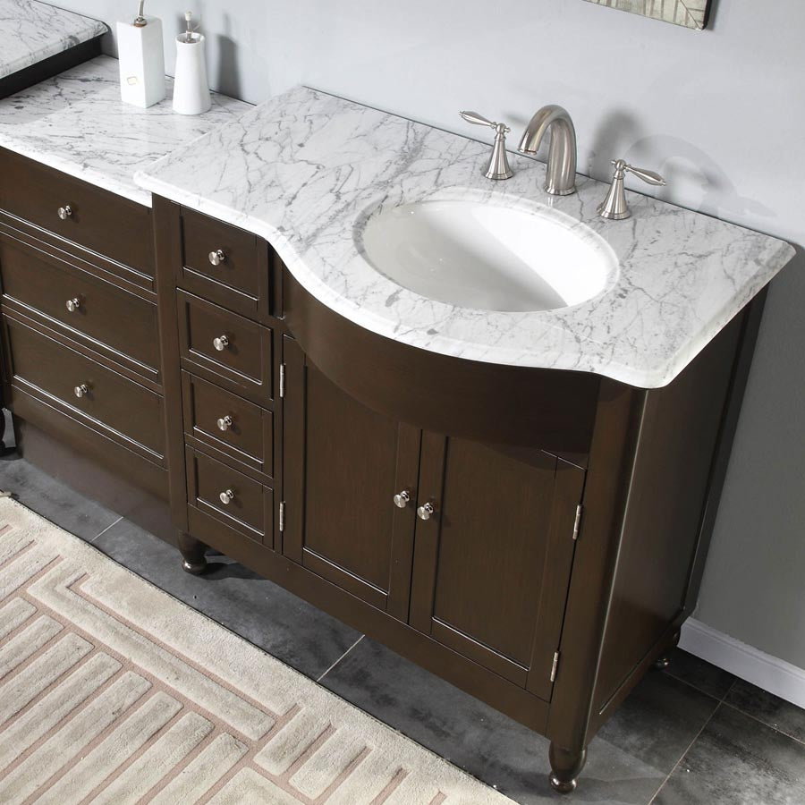 Silkroad Exclusive 58" Dark Walnut Single Sink Vanity with Carrara Marble - HYP-0902-WM-UWC-58, Right Sink