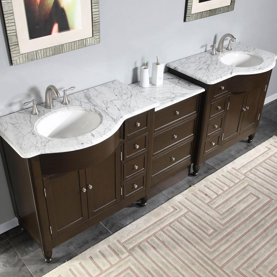 Silkroad Exclusive 95" Modern Double Sink Dark Walnut Vanity with Carrara Marble - HYP-0902-WM-UWC-95