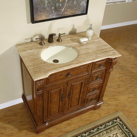 Silkroad Exclusive 38" Walnut Single Sink Vanity with Travertine Top - HYP-0904-T-UIC-38, Left Sink