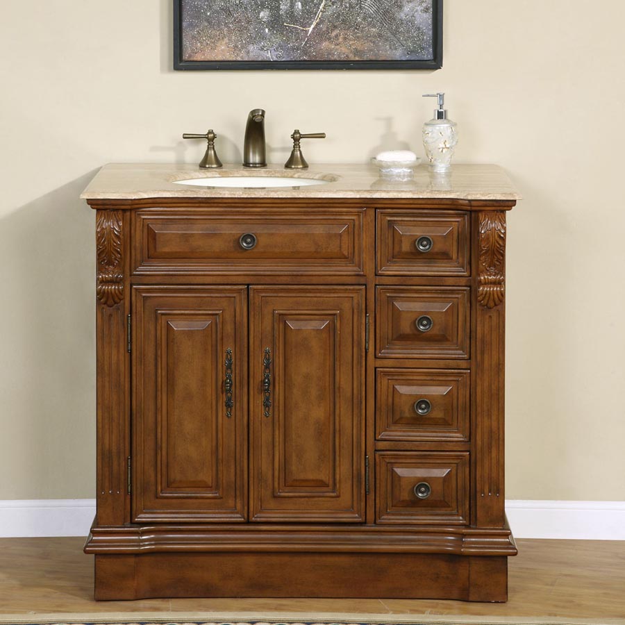 Silkroad Exclusive 38" Walnut Single Sink Vanity with Travertine Top - HYP-0904-T-UIC-38, Left Sink