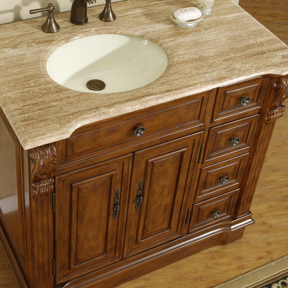 Silkroad Exclusive 38" Walnut Single Sink Vanity with Travertine Top - HYP-0904-T-UIC-38, Left Sink