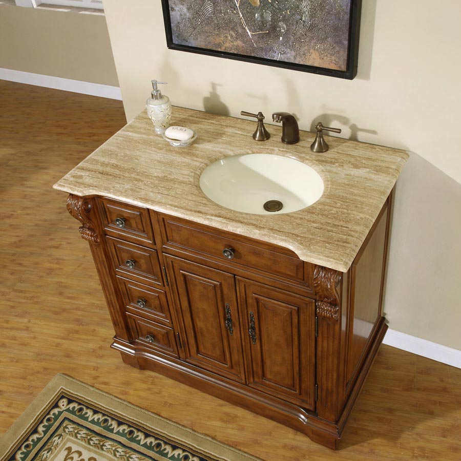 Silkroad Exclusive 38" Walnut Single Sink Vanity with Travertine Top - HYP-0904-T-UIC-38, Right Sink