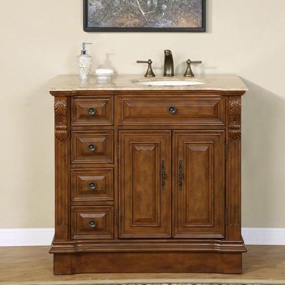 Silkroad Exclusive 38" Walnut Single Sink Vanity with Travertine Top - HYP-0904-T-UIC-38, Right Sink