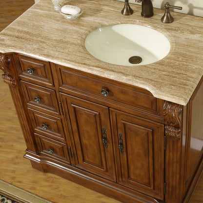 Silkroad Exclusive 38" Walnut Single Sink Vanity with Travertine Top - HYP-0904-T-UIC-38, Right Sink