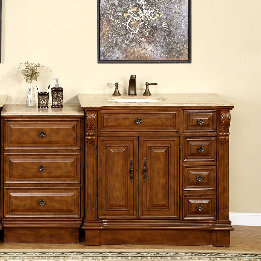 Silkroad Exclusive 58" Walnut Single Sink Vanity with Travertine Top - HYP-0904-T-UIC-58, Left Sink