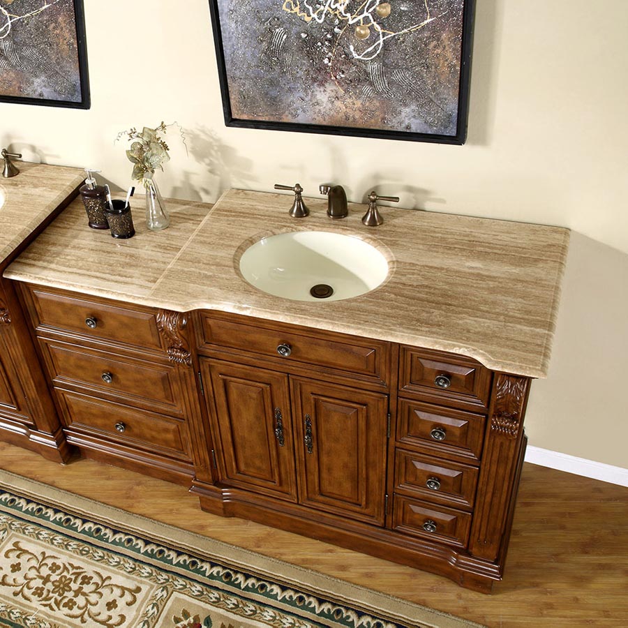 Silkroad Exclusive 58" Walnut Single Sink Vanity with Travertine Top - HYP-0904-T-UIC-58, Left Sink