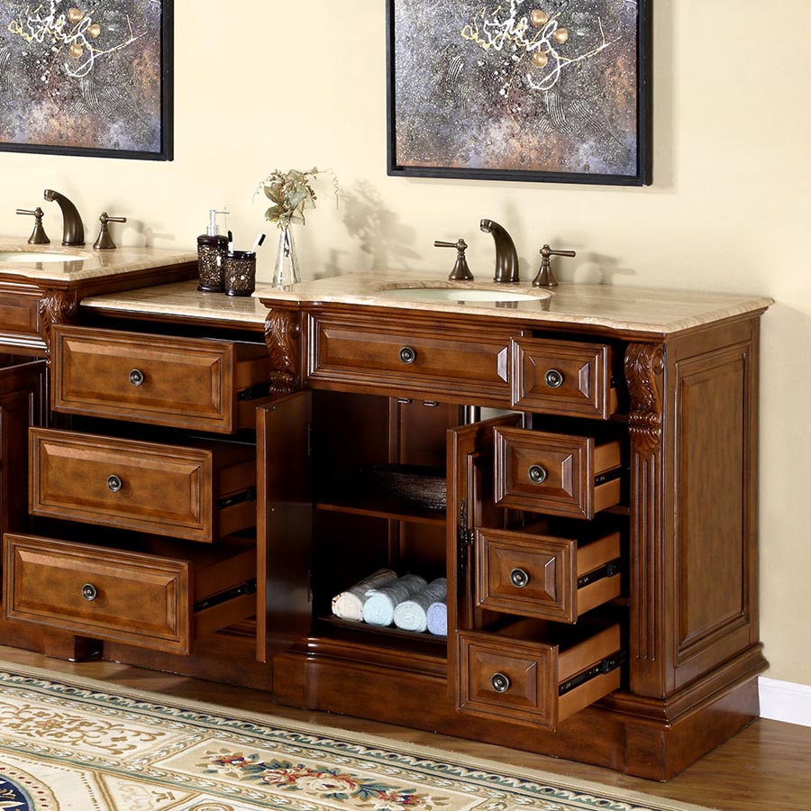 Silkroad Exclusive 58" Walnut Single Sink Vanity with Travertine Top - HYP-0904-T-UIC-58, Left Sink, open