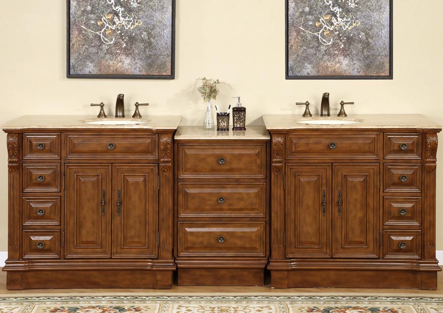 Silkroad Exclusive 95" Walnut Double Sink Vanity with Travertine Top - HYP-0904-T-UIC-95