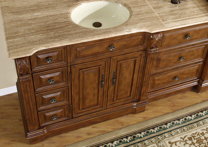 Silkroad Exclusive 95" Walnut Double Sink Vanity with Travertine Top - HYP-0904-T-UIC-95