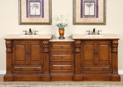 Silkroad Exclusive 95" Cherry Travertine Top Double Sink Vanity - HYP-0907-T-UWC-95