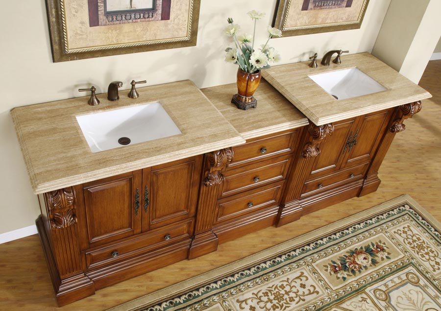 Silkroad Exclusive 95" Cherry Travertine Top Double Sink Vanity - HYP-0907-T-UWC-95