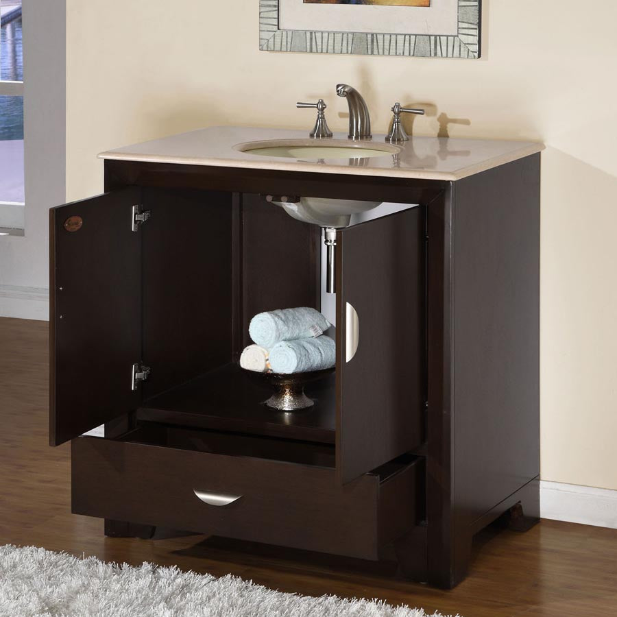 36" Modern Dark Walnut Single Sink Vanity with Crema Marfil Marble - HYP-0910-CM-UWC-36, open