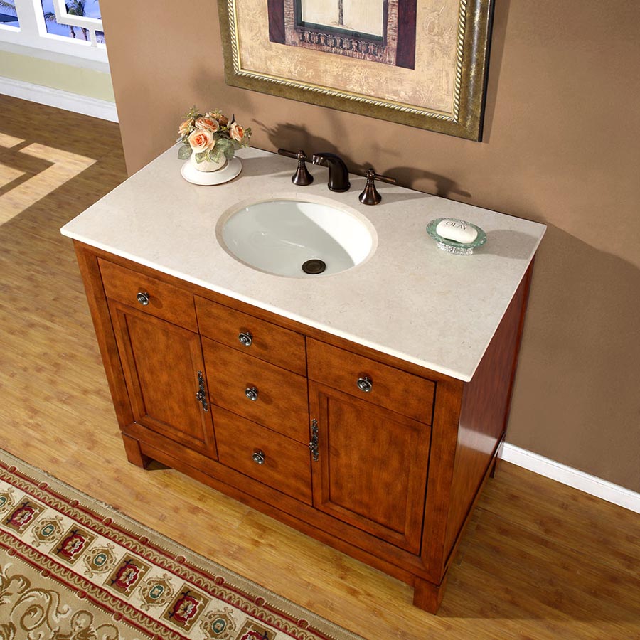 Silkroad Exclusive 42" Transitional Cherry Single Sink Vanity with Crema Marfil Marble - HYP-0911-CM-UWC-42