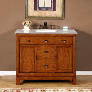 Silkroad Exclusive 42" Transitional Cherry Single Sink Vanity with Crema Marfil Marble - HYP-0911-CM-UWC-42