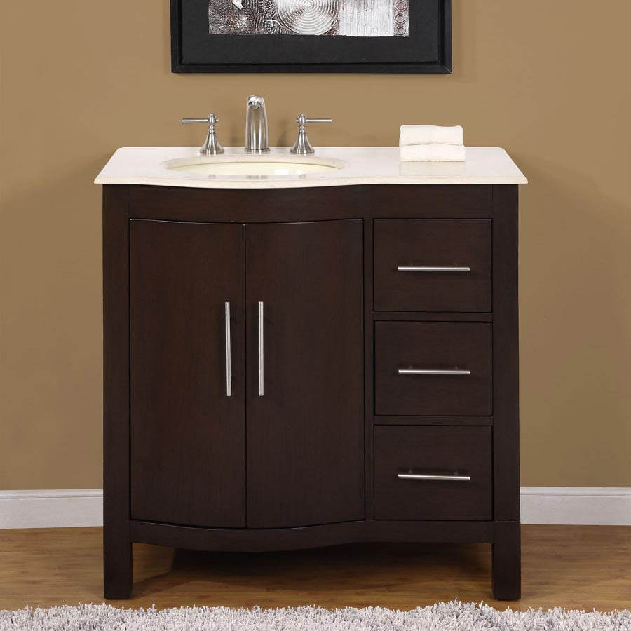 Silkroad Exclusive 36" Crema Marfil Marble Top Single Sink Vanity - HYP-0912-CM-UWC-36, Left Sink