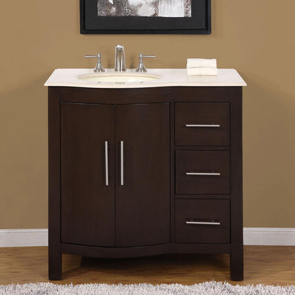 Silkroad Exclusive 36" Crema Marfil Marble Top Single Sink Vanity - HYP-0912-CM-UWC-36, Left Sink