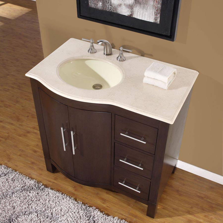 Silkroad Exclusive 36" Crema Marfil Marble Top Single Sink Vanity - HYP-0912-CM-UWC-36, Left Sink