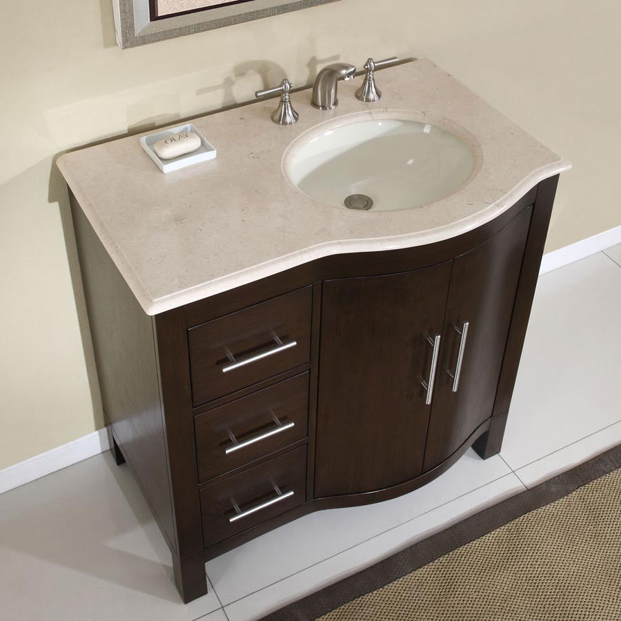 Silkroad Exclusive 36" Crema Marfil Marble Top Single Sink Vanity - HYP-0912-CM-UWC-36, Right Sink