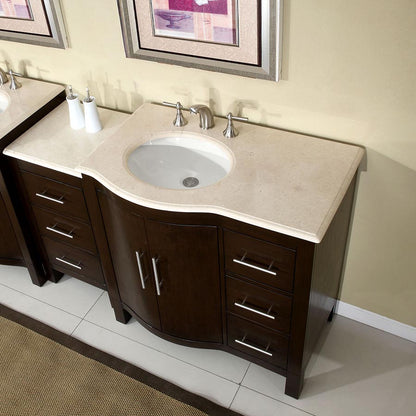 Silkroad Exclusive53.5" Crema Marfil Marble Top Single Sink Vanity - HYP-0912-CM-UWC-54, Left sink