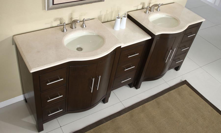 Silkroad Exclusive  89" Modern Crema Marfil Marble Double Sink Vanity - HYP-0912-CM-UWC-89