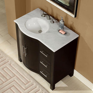 Silkroad Exclusive 36" Modern Dark Walnut Single Sink Vanity with Carrara Marble - HYP-0912-WM-UWC-36, left sink