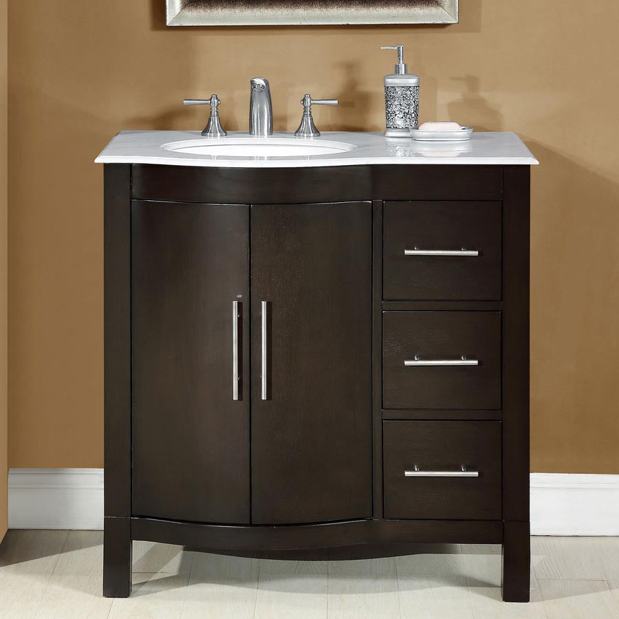 Silkroad Exclusive 36" Modern Dark Walnut Single Sink Vanity with Carrara Marble - HYP-0912-WM-UWC-36, left sink