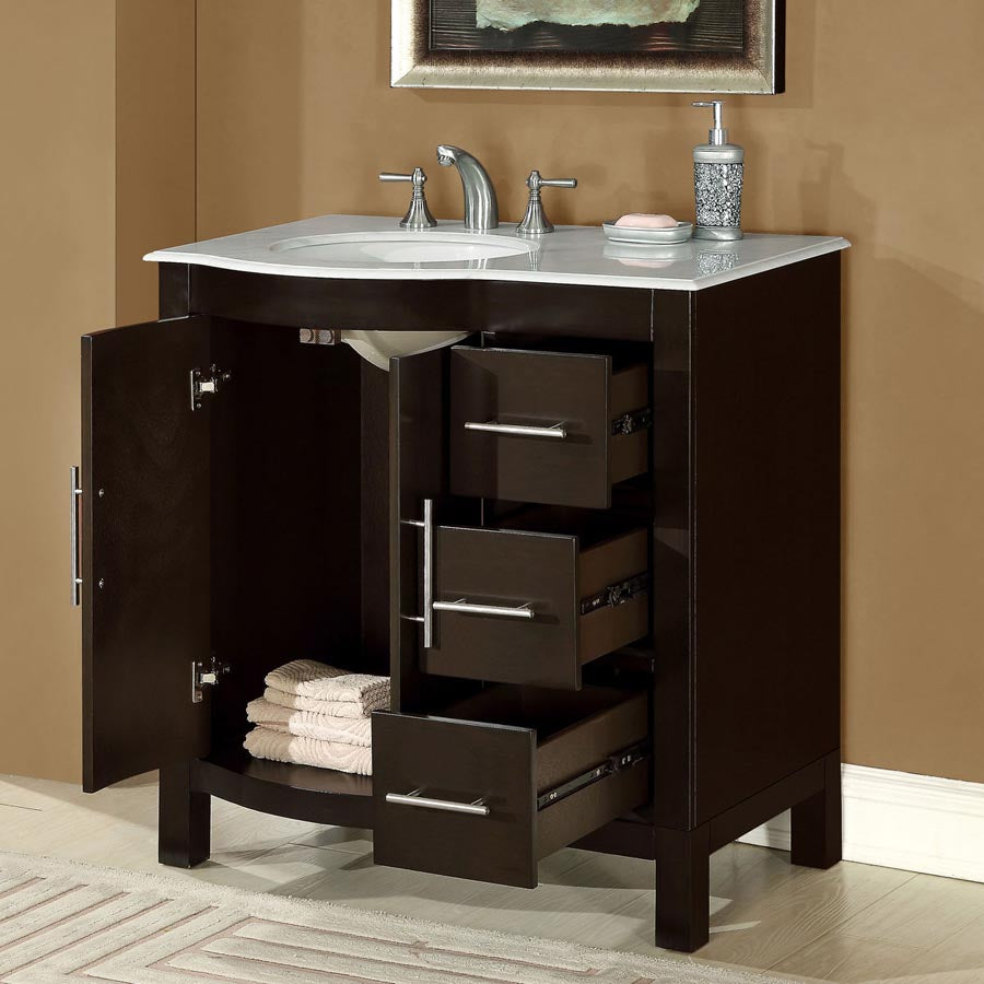 Silkroad Exclusive 36" Modern Dark Walnut Single Sink Vanity with Carrara Marble - HYP-0912-WM-UWC-36, left sink, open