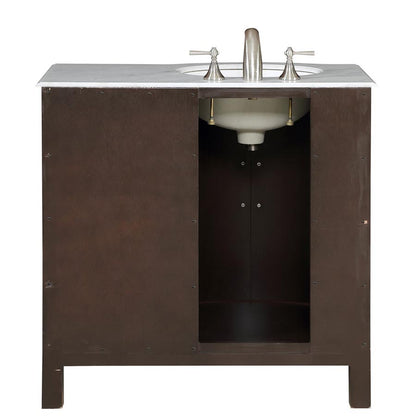 Silkroad Exclusive 36" Modern Dark Walnut Single Sink Vanity with Carrara Marble - HYP-0912-WM-UWC-36, left sink, back