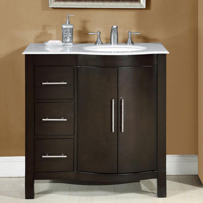 Silkroad Exclusive 36" Modern Dark Walnut Single Sink Vanity with Carrara Marble - HYP-0912-WM-UWC-36, right sink